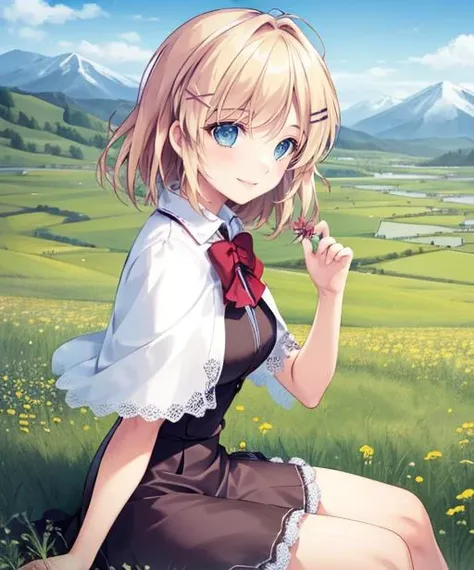 portrait, (adult woman), sitting, picking flowers, (1girl, solo), smile, (blonde hair), ((field, rolling hills)), (distant mountains), ((best quality, high detail)), ((masterpiece)), hairclip, cape, <lora:1_mikeou_12e:1>