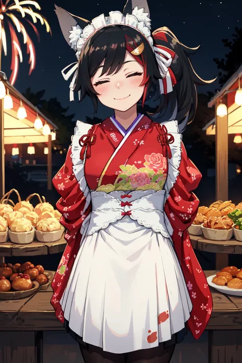 masterpiece, best quality, absurdres, perfect anatomy, mionewyears, ponytail, hair ornament, red kimono, flower print, white apron, frills, wrist cuffs, maid headdress, black pantyhose, wolf tail, outdoors, food stalls, festival, night, fireworks, closed eyes, smile, blush, arms behind back, <lora:ookami mio 6 outfits:1.0>