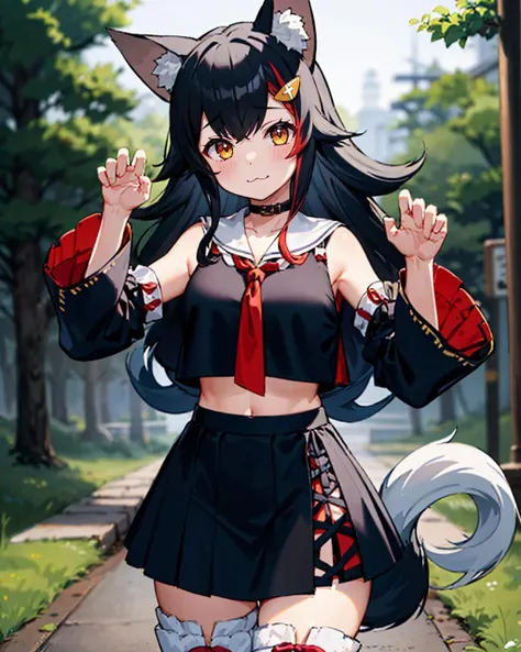 an yasuri, 1girl, akagi \(azur lane\), animal ears, ass, azur lane, between breasts, black gloves, black hair, black thighhighs, breasts, cleavage, closed mouth, commentary request, fox ears, fox girl, fox tail, gloves, hair ornament, hand up, highres, kikumon, large breasts, long hair, long sleeves, looking at viewer, miniskirt, multiple tails, obi, pleated skirt, red eyes, red skirt, sash, shirt, skirt, solo, tail, thighhighs, thighs, very long hair, white shirt, wide sleeves, ((masterpiece)) <lora:an_yasuri_offset:1>
