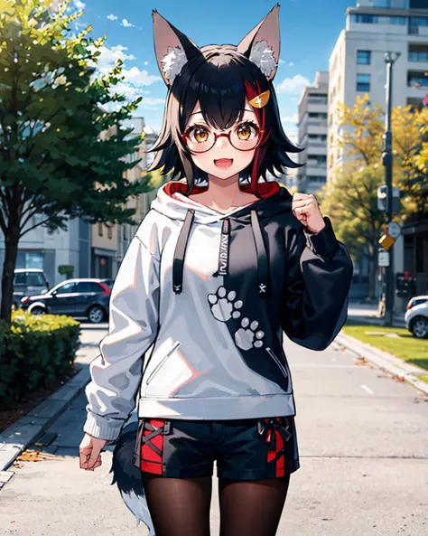 1girl, solo, park, tree, cobblestone road, cowboy shot, :D, miohoodie, medium hair, hair ornament, black hoodie, white hoodie, (paw print), red-framed eyewear, short shorts, black pantyhose, wolf tail<lora:ookami mio 6 outfits:1>