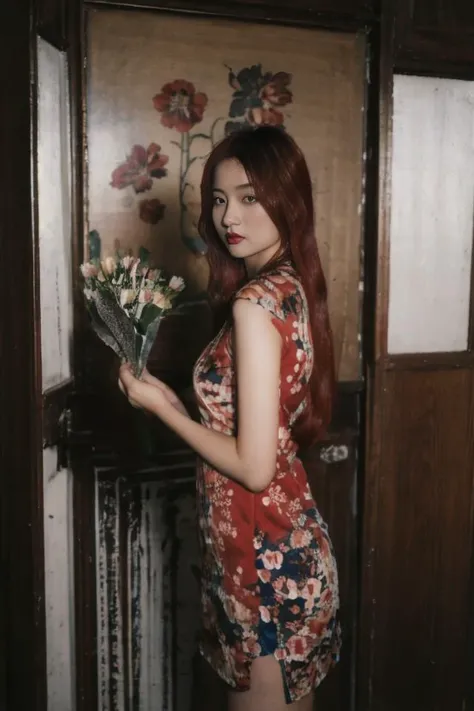 nsfw, best quality, masterpiece, ultra high res, (photorealistic:1.3), 8K, raw photo, 1girl, natural skin texture, (red hair:1.3), wearing suonxam, dressing room, natural skin texture, dynamic pose, top model, film grain,asian, <lora:ClothingAdjuster3:0> <lora:InstantPhotoX3:0.7>, <lora:suonxam_SDLife_Chiasedamme_v4.0:0.6>, photo art, (flower:1.2), a stunning photo with beautiful saturation,