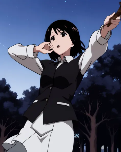 <lora:nhk_misaki_lora_0:0.9>, nakahara misaki, 1girl, solo, short hair, black hair, brown eyes, black eyes <lora:nhk_misaki_lora_0:0.8>, nakahara misaki, 1girl, solo, short hair, black hair, brown eyes, black eyes, outdoors, sky, tree, night, star (sky), night sky,