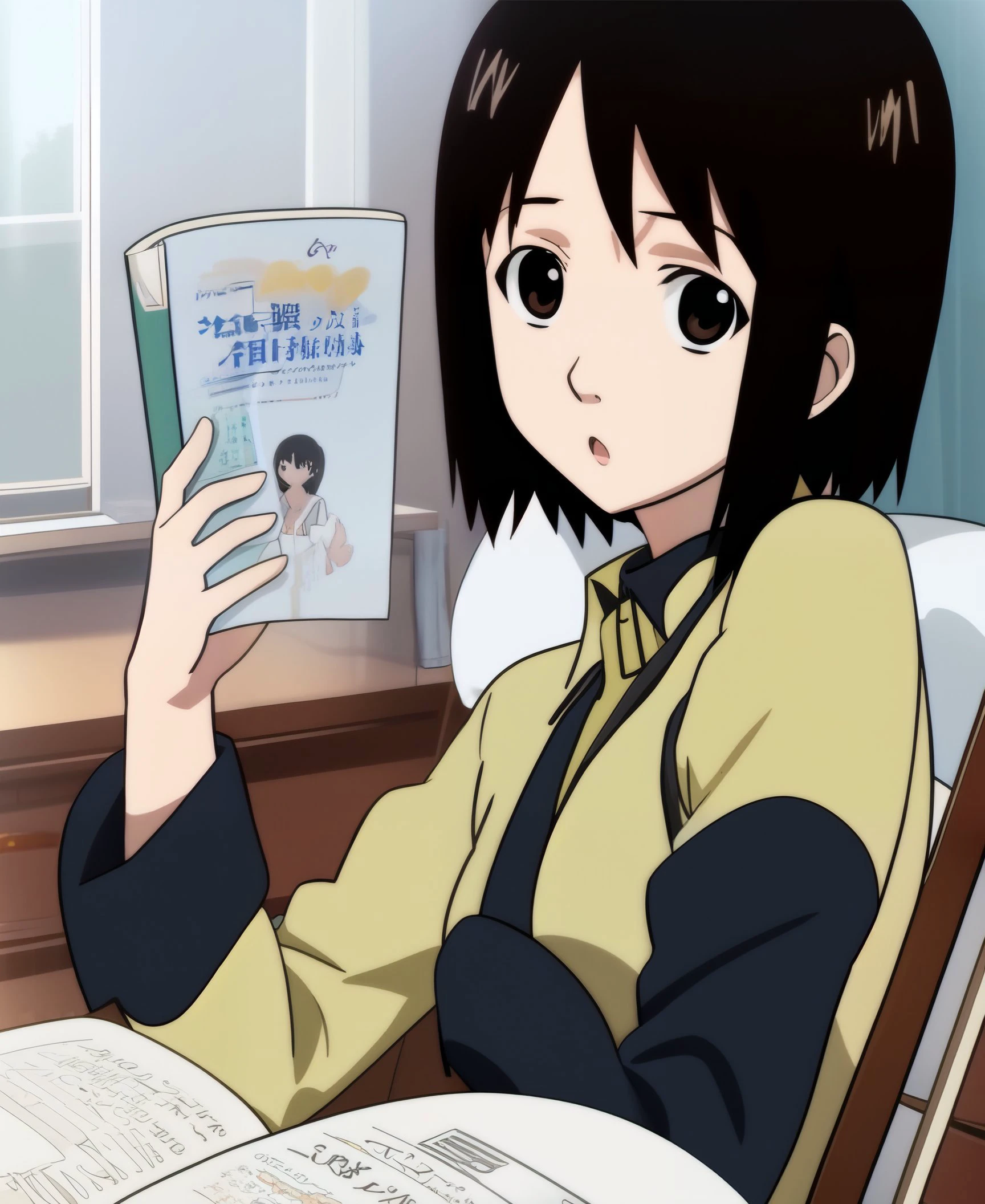 <lora:nhk_misaki_lora_0:0.9>, nakahara misaki, 1girl, solo, short hair, black hair, brown eyes, black eyes <lora:nhk_misaki_lora_0:0.9>, nakahara misaki, 1girl, solo, short hair, black hair, brown eyes, black eyes, :o, looking at viewer, holding, book, white notebook, reading, indoors,