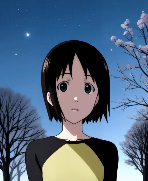 <lora:nhk_misaki_lora_0:0.85>, nakahara misaki, short hair, black hair, brown eyes, black eyes, (raglan sleeves:1.3), outdoors, sky, tree, night, star (sky), night sky