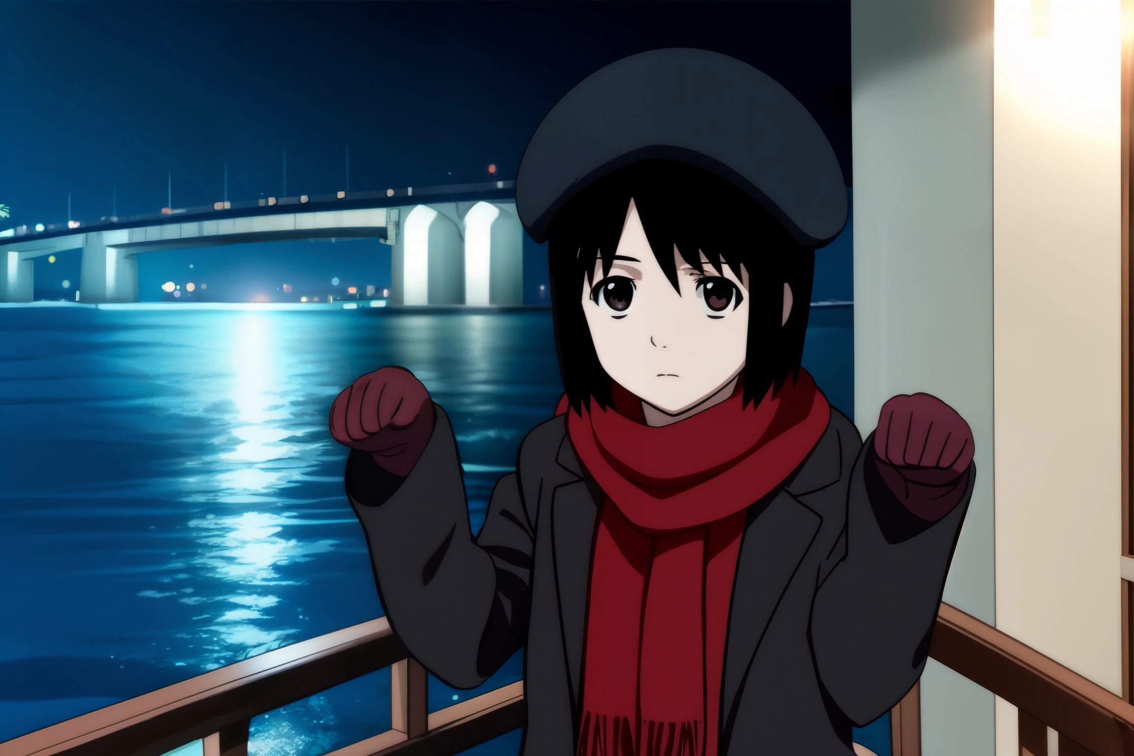 <lora:nhk_misaki_lora_0:0.9>, nakahara misaki, 1girl, solo, short hair, black hair, brown eyes, black eyes <lora:nhk_misaki_lora_0:0.9>, nakahara misaki, 1girl, solo, short hair, black hair, brown eyes, black eyes, looking at viewer, black scarf, coat, (night:1.4), ocean, black beret, expressionless, paw pose, (dark:1.7)