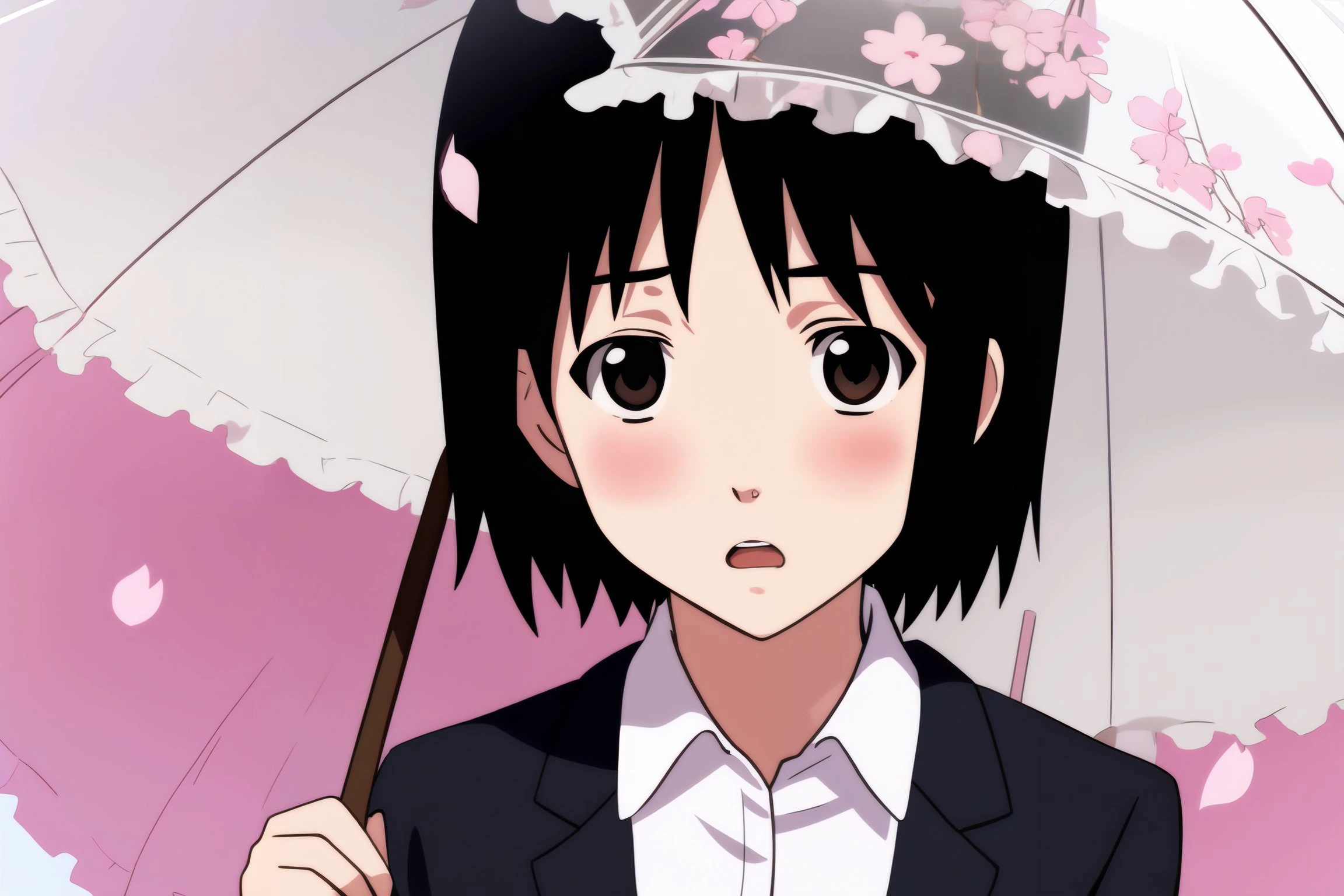<lora:nhk_misaki_lora_0:0.9>, nakahara misaki, 1girl, solo, short hair, black hair, brown eyes, black eyes <lora:nhk_misaki_lora_0:0.8>, nakahara misaki, 1girl, solo, short hair, black hair, brown eyes, black eyes, looking at viewer, :o, blush, school uniform, white jacket, white umbrella, holding umbrella, cherry blossoms, portrait, close-up, (from side:0.6)