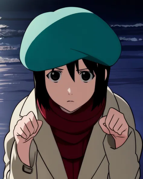 <lora:nhk_misaki_lora_0:0.9>, nakahara misaki, 1girl, solo, short hair, black hair, brown eyes, black eyes <lora:nhk_misaki_lora_0:0.9>, nakahara misaki, 1girl, solo, short hair, black hair, brown eyes, black eyes, shaded face, empty eyes, looking at viewer, black scarf, coat, (night:1.4), ocean, black beret, expressionless, paw pose, (dark:1.7), from above