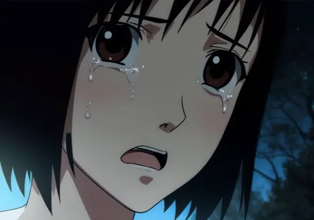 <lora:nhk_misaki_lora_0:0.8>, nakahara misaki, 1girl, solo, short hair, black hair, brown eyes, black eyes, sad, crying, tears, :o, white shirt, looking at viewer, outdoors, sky, tree, night, star (sky), night sky,