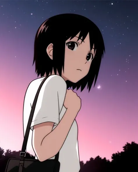 <lora:nhk_misaki_lora_0:0.8>, nakahara misaki, 1girl, solo, short hair, black hair, brown eyes, black eyes, sad, white shirt, handbag, looking at viewer, from side, outdoors, sky, tree, night, star (sky), night sky,
