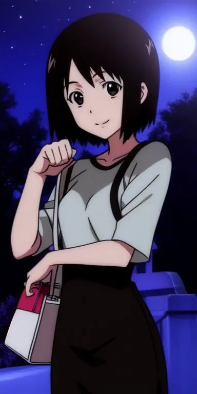 <lora:nhk_misaki_lora_0:0.8>, nakahara misaki, 1girl, solo, short hair, black hair, brown eyes, black eyes, smile, black dress, raglan sleeves, white handbag, looking at viewer, outdoors, sky, tree, night, star (sky), night sky,