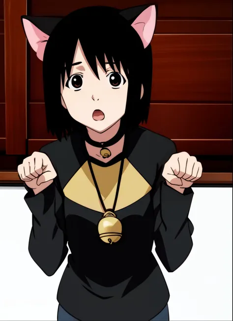 <lora:nhk_misaki_lora_0:0.8>, <lora:v10:0.3>, masterpiece, nakahara misaki, 1girl, solo, short hair, black hair, brown eyes, black eyes, open mouth, cat ears, collar, bell, (neck bell:0.3), :o, (dark green sweater:0.6), (yellow sweater:0.3), raglan sleeves, looking at viewer, paw pose