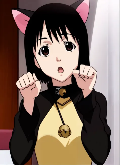 <lora:nhk_misaki_lora_0:0.8>, <lora:v10:0.3>, masterpiece, nakahara misaki, 1girl, solo, short hair, black hair, brown eyes, black eyes, open mouth, cat ears, collar, bell, (neck bell:0.3), :o, (dark green sweater:0.6), (yellow sweater:0.3), raglan sleeves, looking at viewer, paw pose