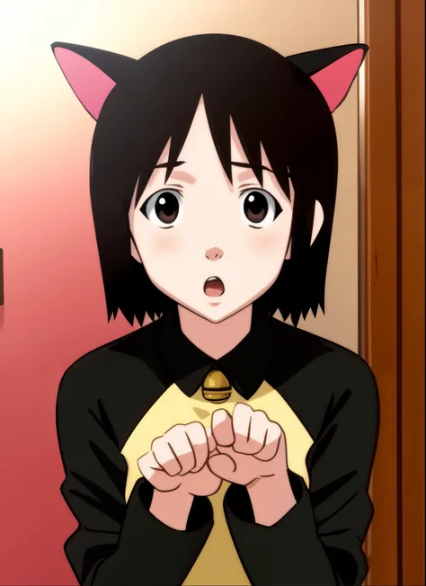 <lora:nhk_misaki_lora_0:0.8>, <lora:v10:0.3>, masterpiece, nakahara misaki, 1girl, solo, short hair, black hair, brown eyes, black eyes, open mouth, cat ears, collar, bell, (neck bell:0.3), :o, (dark green sweater:0.6), (yellow sweater:0.3), raglan sleeves, looking at viewer, paw pose