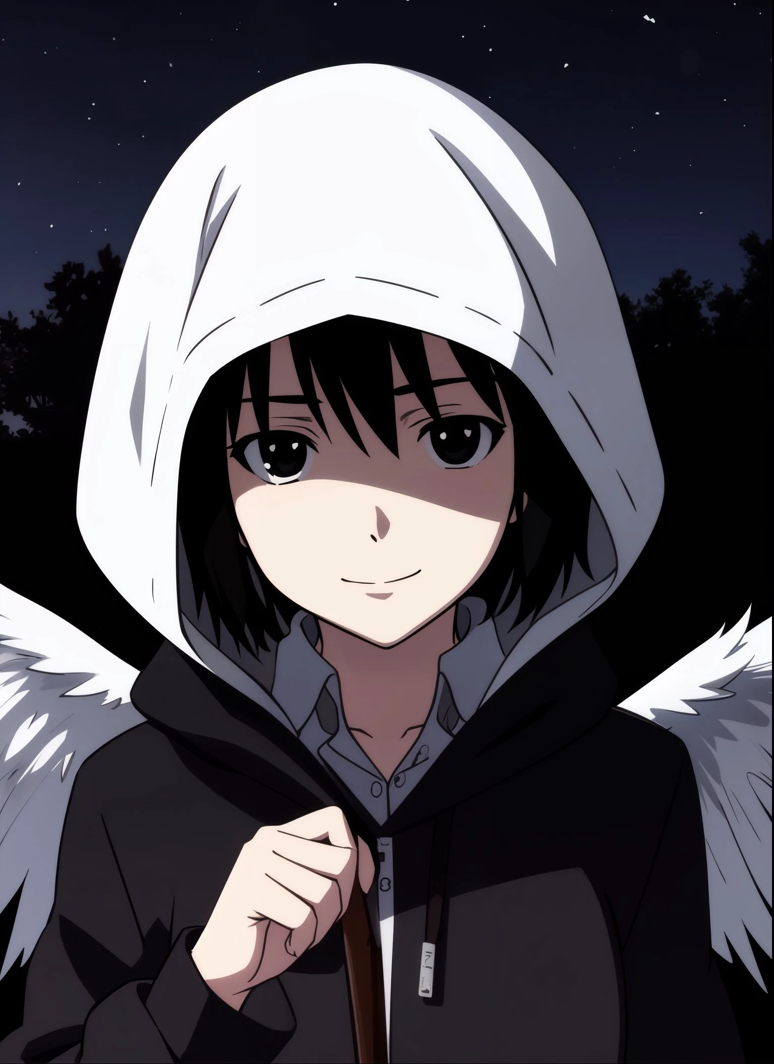 <lora:nhk_misaki_lora_0:0.5>, <lora:v10:0.1>, nakahara misaki, 1girl, solo, short hair, black hair, brown eyes, black eyes, empty eyes, evil smile, shaded face, holding weapon, upper body, angel of death, hood, outdoors, night