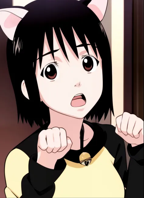 <lora:nhk_misaki_lora_0:0.8>, <lora:v10:0.3>, masterpiece, nakahara misaki, 1girl, solo, short hair, black hair, brown eyes, black eyes, open mouth, cat ears, collar, bell, (neck bell:0.3), :o, (dark green sweater:0.6), (yellow sweater:0.3), raglan sleeves, looking at viewer, paw pose, <lora:manga:1>, manga,