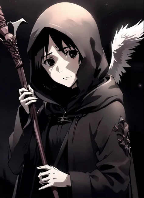 <lora:nhk_misaki_lora_0:0.6>, <lora:v10:0.3>, nakahara misaki, short hair, black hair, brown eyes, black eyes, empty eyes, shaded_face, <lora:reaper:1>, reaper, holding weapon, upper body, angel of death, hood, outdoors, night