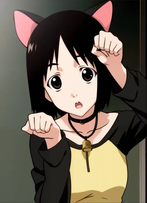 <lora:nhk_misaki_lora_0:0.8>, <lora:v10:0.3>, masterpiece, nakahara misaki, 1girl, solo, short hair, black hair, brown eyes, black eyes, open mouth, cat ears, collar, bell, (neck bell:0.3), :o, (dark green sweater:0.6), (yellow sweater:0.3), raglan sleeves, looking at viewer, paw pose