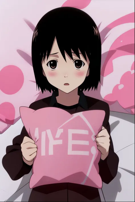 <lora:nhk_misaki_lora_0:0.75>, <lora:v10:0.4>, nakahara misaki, short hair, black hair, brown eyes, black eyes, blush, <lora:pillow_v2:1>, white pillow, holding pillow, lying, bed,