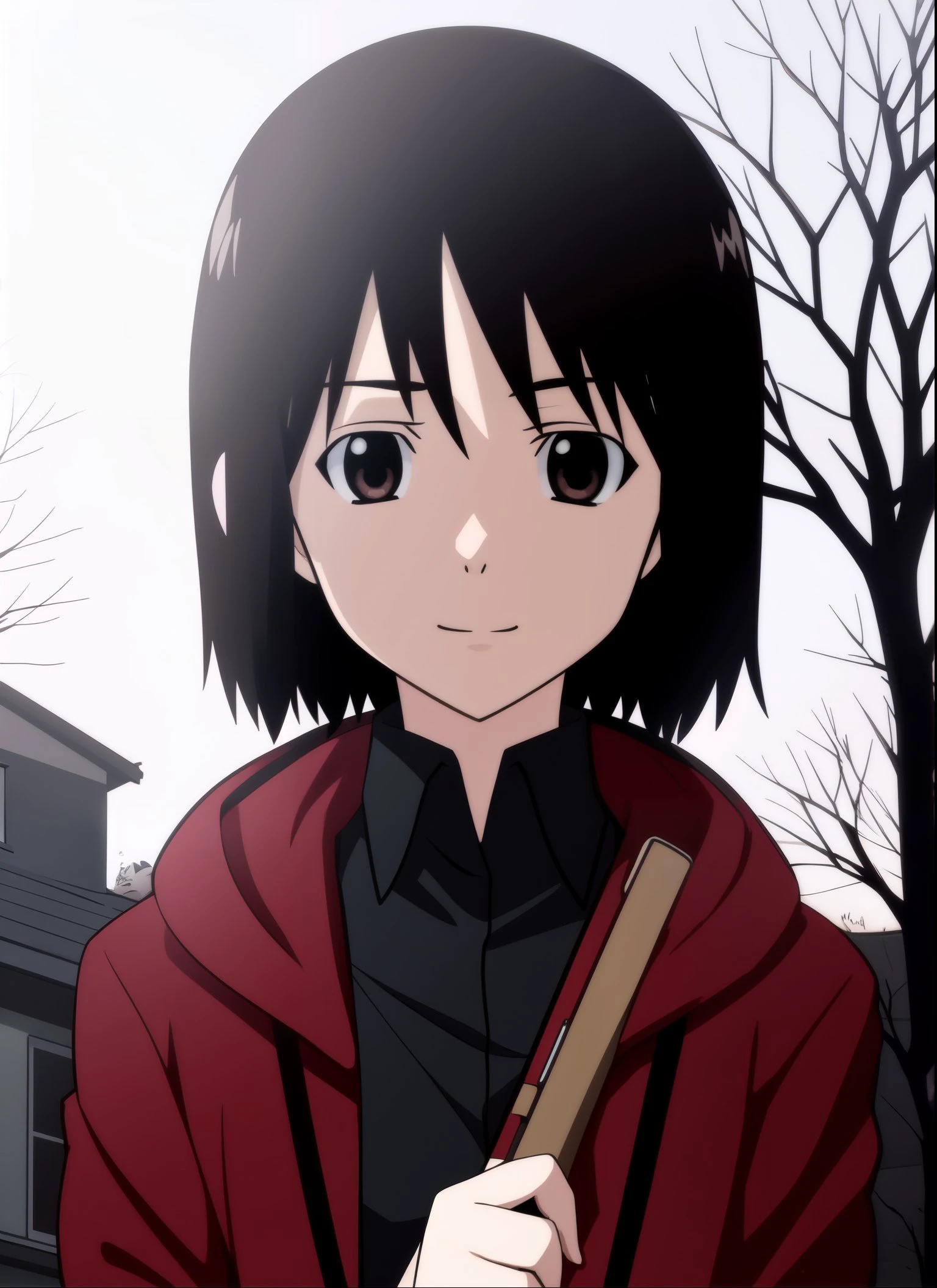 <lora:nhk_misaki_lora_0:0.7>, <lora:v10:0.2>, nakahara misaki, short hair, black hair, brown eyes, black eyes, empty eyes, evil smile, shaded face, holding weapon, upper body, angel of death, hood, outdoors, night