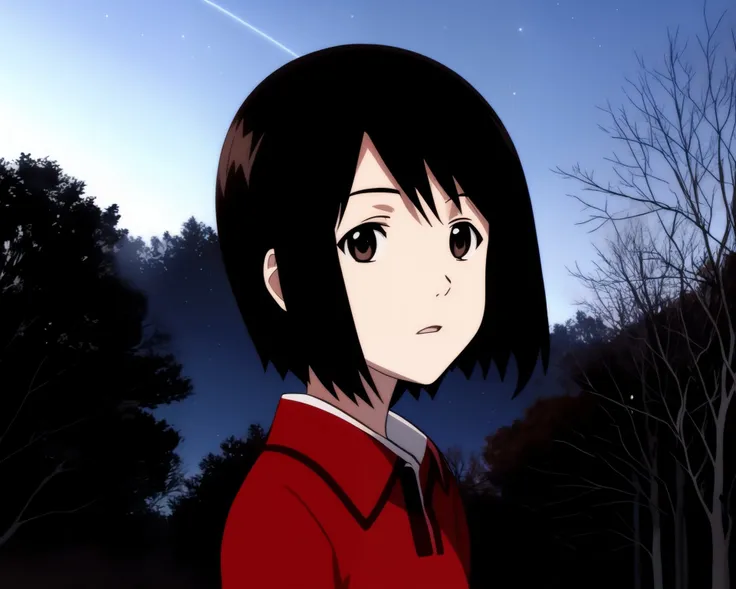 <lora:nhk_misaki_lora_0:0.9>, nakahara misaki, 1girl, solo, short hair, black hair, brown eyes, black eyes <lora:nhk_misaki_lora_0:0.8>, nakahara misaki, 1girl, solo, short hair, black hair, brown eyes, black eyes, outdoors, sky, tree, night, star (sky), night sky,