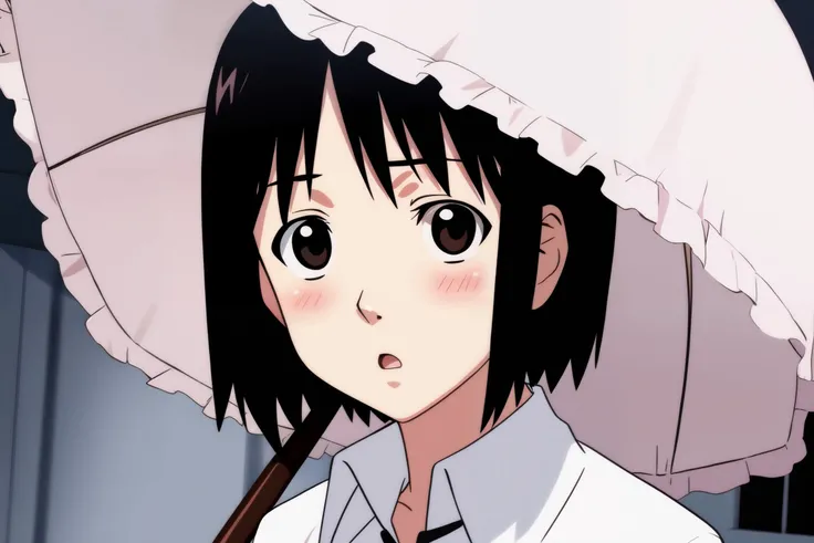 <lora:nhk_misaki_lora_0:0.9>, nakahara misaki, 1girl, solo, short hair, black hair, brown eyes, black eyes <lora:nhk_misaki_lora_0:0.8>, nakahara misaki, 1girl, solo, short hair, black hair, brown eyes, black eyes, looking at viewer, :o, blush, school uniform, white jacket, white umbrella, holding umbrella, cherry blossoms, portrait, close-up, (from side:0.6)