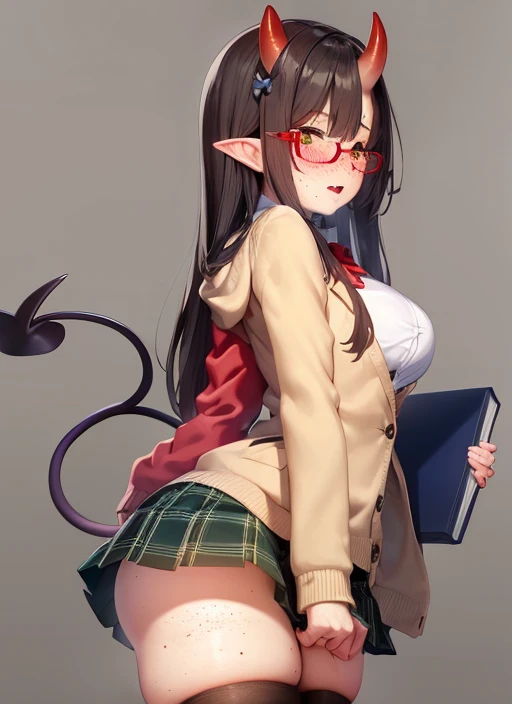 meruccubus (merunyaa), merunyaa, 1girl, brown hair, body freckles, breasts, colored skin, demon girl, demon tail,freckles, hair between horns, long hair, medium breasts, mole, moleunder eye, oni, oni horns, red oni, red skin, red tail, tail thighs, yellow eyes,
blazer, (blue jacket:1.1), red bow, book, green skirt, plaid skirt, pleated skirt, school uniform thighhighs, yellow sweater, cardigan, glasses
<lora:Meruccubus (Merunyaa):0.5>
