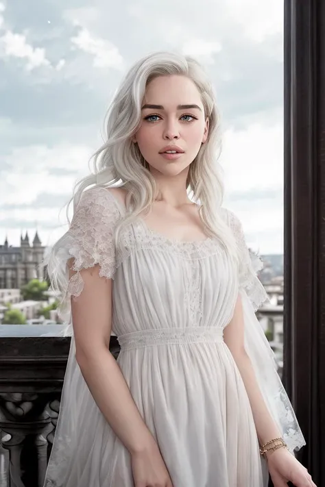 oil painting of (koh_emiliaclarke), (long hair:1.1), (standing in a balcony), (white tunic:1.1), perfect thighs, (game of thrones castle in the background:1.2), atmospheric lighting, cinematic composition, concept art, digital illustration, detailed, art by brian m viveros and maciej kuciara and mark keathley, natural light, 4K, high-detail, ((perfect eyes)), (detailed pupils), dimly lit, (white hair:1.3)