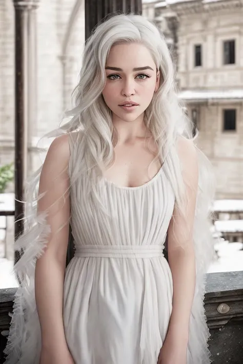 oil painting of (koh_emiliaclarke), (long hair:1.1), (standing in a balcony), (white tunic:1.1), perfect thighs, (game of thrones castle in the background:1.2), atmospheric lighting, cinematic composition, concept art, digital illustration, detailed, art by brian m viveros and maciej kuciara and mark keathley, natural light, 4K, high-detail, ((perfect eyes)), (detailed pupils), dimly lit, (white hair:1.3)