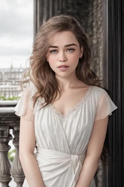 oil painting of (koh_emiliaclarke), (long white hair:1.1), (standing in a balcony), (white tunic:1.1), perfect thighs, (game of thrones castle in the background:1.2), atmospheric lighting, cinematic composition, concept art, digital illustration, detailed, art by brian m viveros and maciej kuciara and mark keathley, natural light, 4K, high-detail, ((perfect eyes)), (detailed pupils), dimly lit