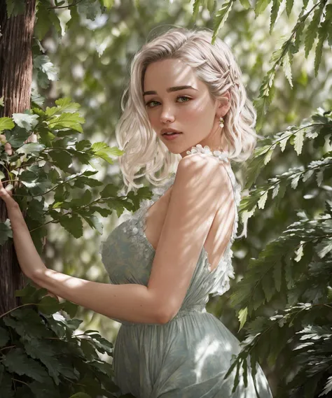 Photo of beautiful mature (koh_emiliaclarke:0.99, (white hair),(indigo eyes) ), natural skin texture, telephoto lense, ((Full shot),(masterpiece)), (perfect face), ((Tropical palm print sundress with a smocked waist and side pockets)),nipples, (detailed skin, diffused skin pores), (highly detailed, fine details, intricate), blushing,(Dappled Lighting, Sunlight filtering through leaves, creating a romantic and whimsical atmosphere), ((((cinematic look)))), soothing tones, insane details, intricate details, hyperdetailed, low contrast, soft cinematic light, exposure blend, hdr, faded, (large breasts:1.2),<lora:hyperbreasts_v6:0.25>, view from side, (solo)