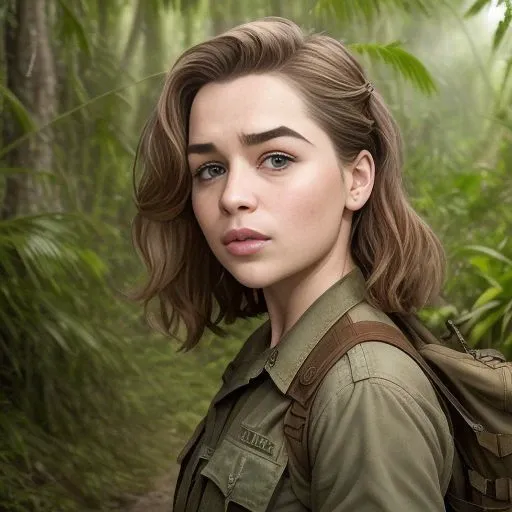 Photorealistic, high quality, 8k, war, photo of Koh_EmiliaClarke as a vietnam military soldier in the jungle, serious, perfect face, perfect eyes, trees, vines, dense jungle