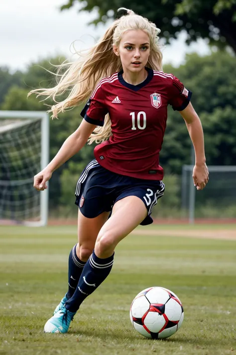 Soccer player with long blond hair hitting a ball., <lora:add_detail:0.5>