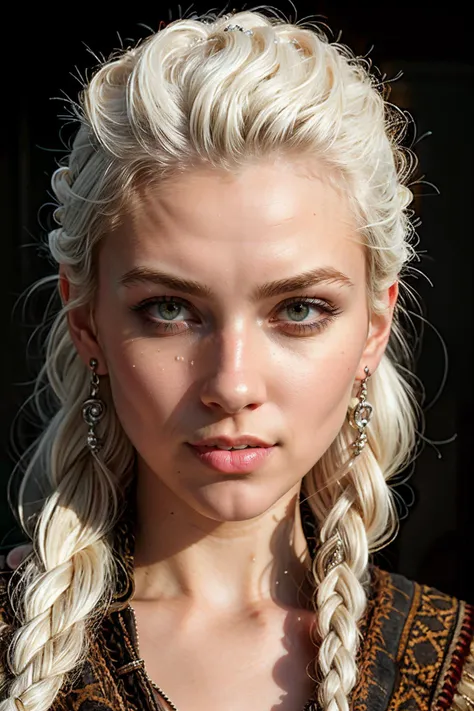 best quality, masterpiece,
(photorealistic:1.25),
portrait photo of adult female, (highly detailed face),
norse mythology,
white_hair, french_braid mohawk,
sharp details, (high detail skin),
skin pores,
hdr, professional studio photography, <lora:add_detail:0.5>