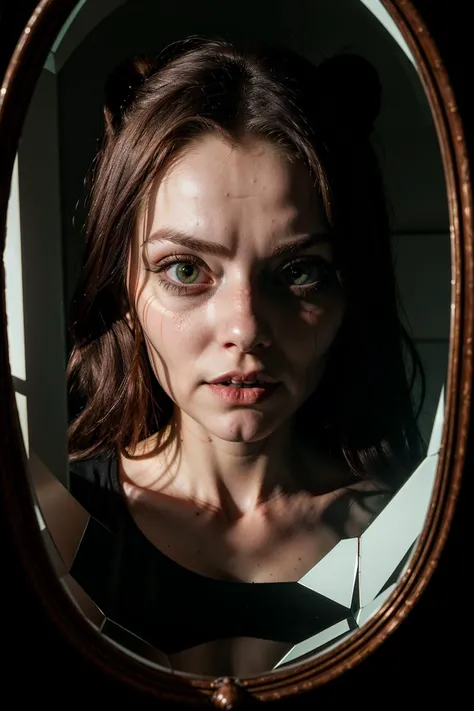 In the style of Retrogore, a cute Norwegian girl gazes into a cracked mirror, revealing her distorted reflection. Dark shadows engulf her delicate features as eerie crimson and sickly green hues permeate the haunting composition, evoking a sense of foreboding and malevolence., <lora:add_detail:0.5>