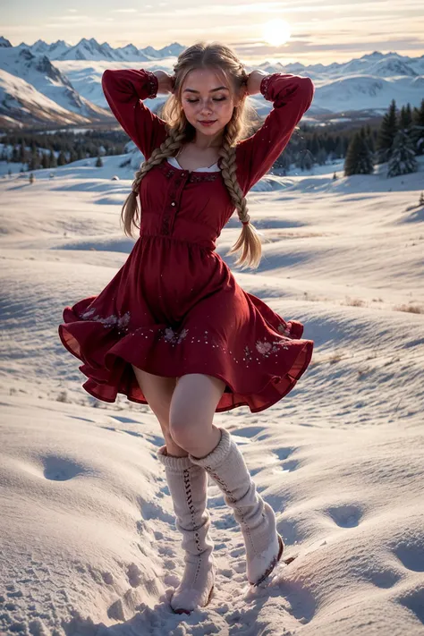 In the enchanting world of Dang My Linh, a little Norwegian girl dances gracefully in a snow-kissed meadow, her flowing red dress contrasting against the serene monochromatic landscape. Soft moonlight caresses her braided hair as she gracefully twirls, leaving vibrant trails of whimsical light graffiti in her wake., <lora:add_detail:0.5>