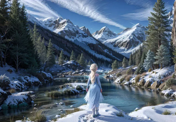 snow_queen_elsa, small figure, from behind, (spring),
earth road, fantasy landscape, mountains, trees, river,skies, more details,
<lora:details_more_details_butterfly:0.5>, <lora:snow_queen_elsa:0.3>