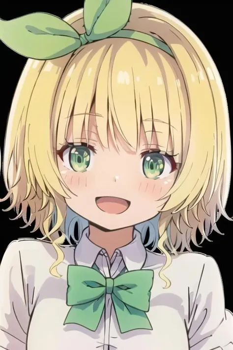 masterpiece, best quality, koga yuika\(hensuki\), 1girl, solo, blonde hair, green eyes, blush, bangs, looking at viewer, smile, open mouth, portrait, short hair, white background, ribbon, green ribbon, green bow <lora:koga yuika3-000016:0.6>