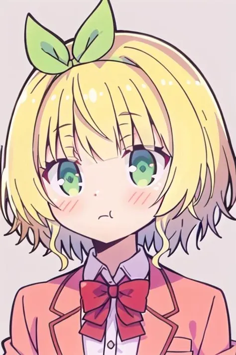 masterpiece, best quality, koga yuika\(hensuki\), 1girl, solo, green eyes, blonde hair, bow, blush, white background, red bow, simple background, bangs, bowtie, shirt, collared shirt, closed mouth, portrait, :t, red bowtie, jacket, short hair <lora:koga yuika3-000016:0.6>