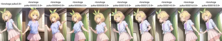 masterpiece, best quality, 1girl, solo,koga yuika, blonde hair, short hair, green eyes, green hair ribbon, light blue tied shirt, loose tied shirt, purple shirt, pleated skirt, pink skirt, <lora:koga yuika:0.8>