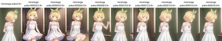masterpiece, best quality, 1girl, solo,koga yuika, blonde hair, short hair, green eyes, green hair ribbon, white dress, sleeveless dress, frills, detached sleeves, ribbon, <lora:koga yuika:0.8>