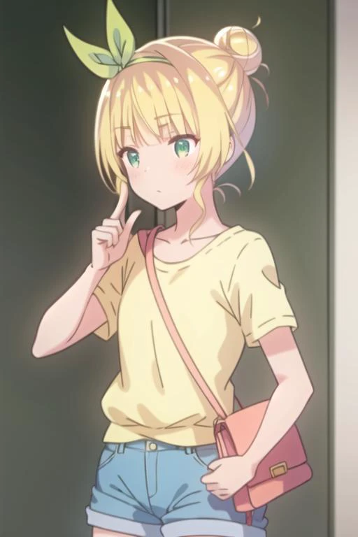 masterpiece, best quality, 1girl, solo,oga yuika, blonde hair, short hair, green eyes, green hair ribbon, single hair bun, yellow shirt, puffy short sleeves, blue shorts, shoulder bag, <lora:koga yuika-000014:0.8>