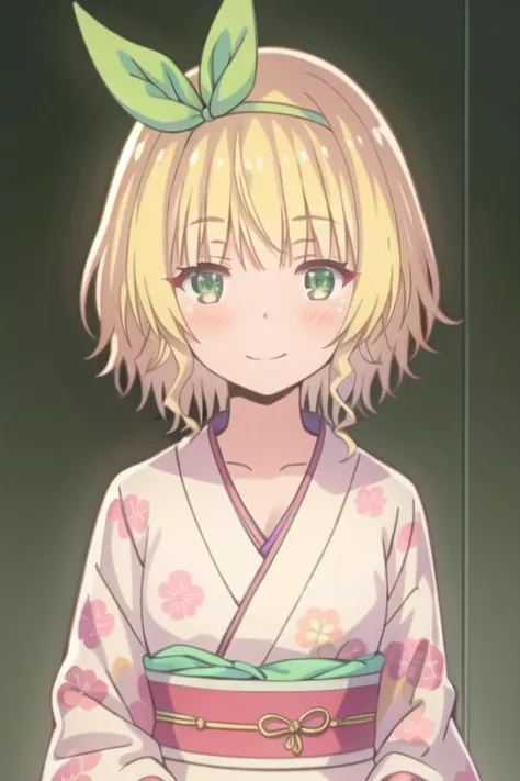 masterpiece, best quality, koga yuika, 1girl, japanese clothes, kimono, blonde hair, smile, blush, green hair ribbon, closed mouth, green eyes, short hair, bangs, ribbon, hair ornament, hair ribbon, collar, looking at viewer, hairband, solo, upper body, long sleeves, print kimono, wide sleeves, <lora:koga yuika-000014:0.8>