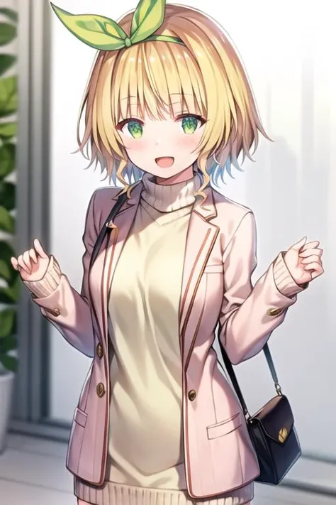 masterpiece, best quality, koga yuika, 1girl, solo, blonde hair, jacket, hair ribbon, ribbon, smile, looking at viewer, green hair ribbon, bag, long sleeves, open mouth, sweater, bangs, short hair, green eyes, blush, :d, open jacket, white jacket, open clothes, hairband, dress, sweater dress, turtleneck sweater, aran sweater, shoulder bag, brown sweater, sleeves past wrists, breasts, handbag, <lora:koga yuika-000014:0.8>