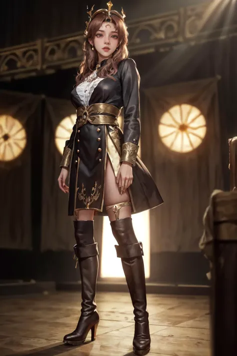 8K,highres,absurdres,masterpiece,best quality,original,extremely detailed CG,extremely detailed wallpaper,perfect lighting,<lyco:GoodHands-beta2:1>,1girl,blurry_background,looking_at_viewer,standing on the stage,
<lora:leona:0.7>,leonalol,brown wavy hair,headgear crown,