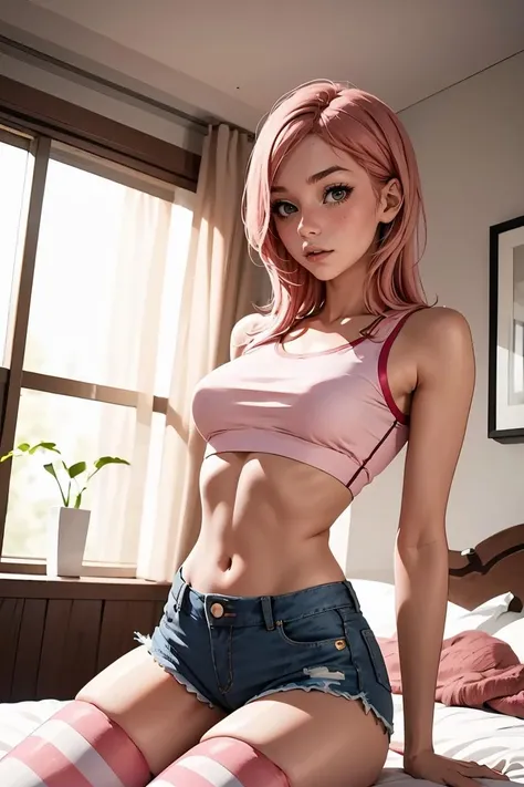 <lora:TSFMonogatari-08:1>, (masterpiece, best quality), 1girl, pink hair, crop top, denim shorts, bedroom, striped thighhighs,