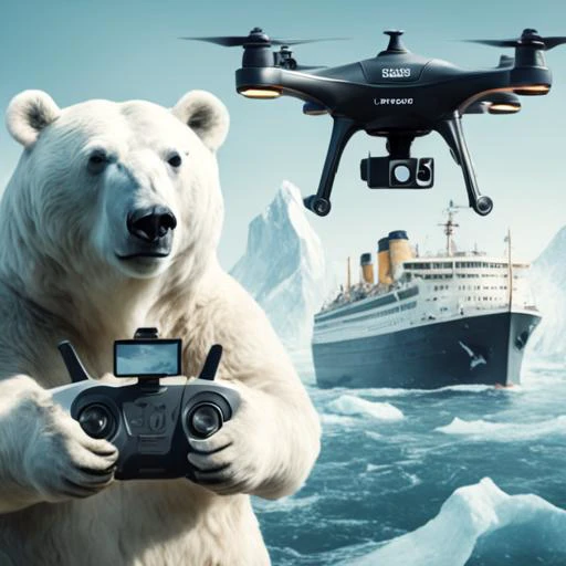 a illustration of an Icebear (dplot), holding a remote controll , with the Titanic in the background  <lora:dplot:1>