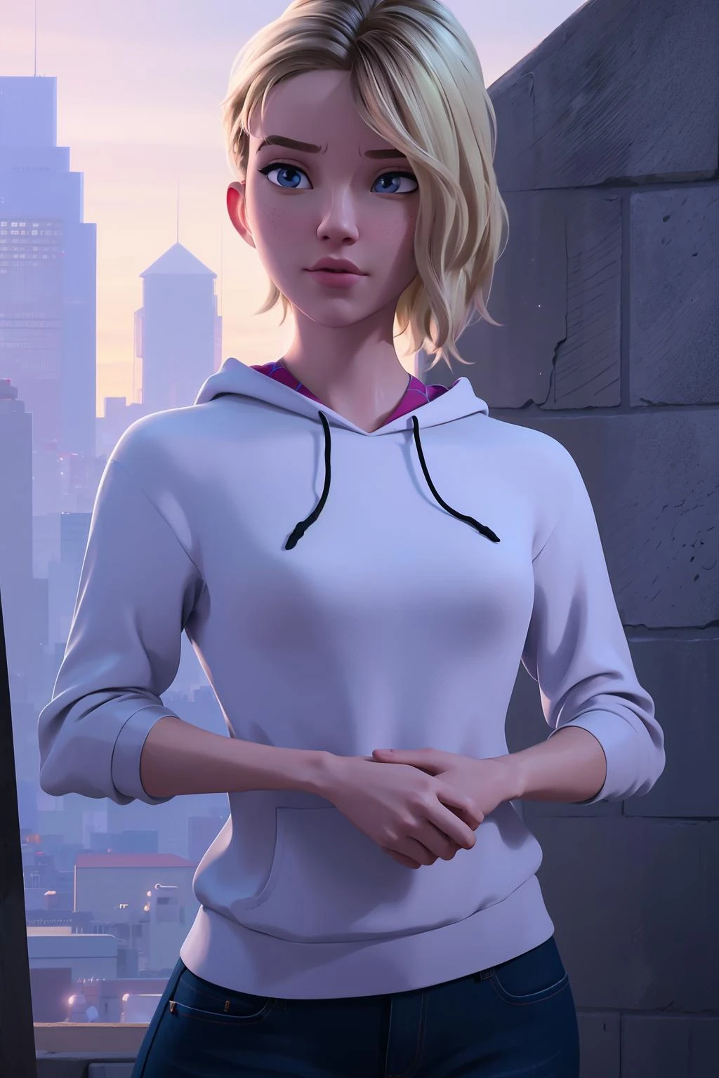 realistic, realism, photorealism, photo-realistic, high contrast, (photorealistic:1.4), (perfect female figure), 8k high definition detailed realistic, (best quality, masterpiece:1.2), photon mapping, radiosity, physically-based rendering, best quality, highly detailed, 1girl, sgwen, outdoors, hoodie,