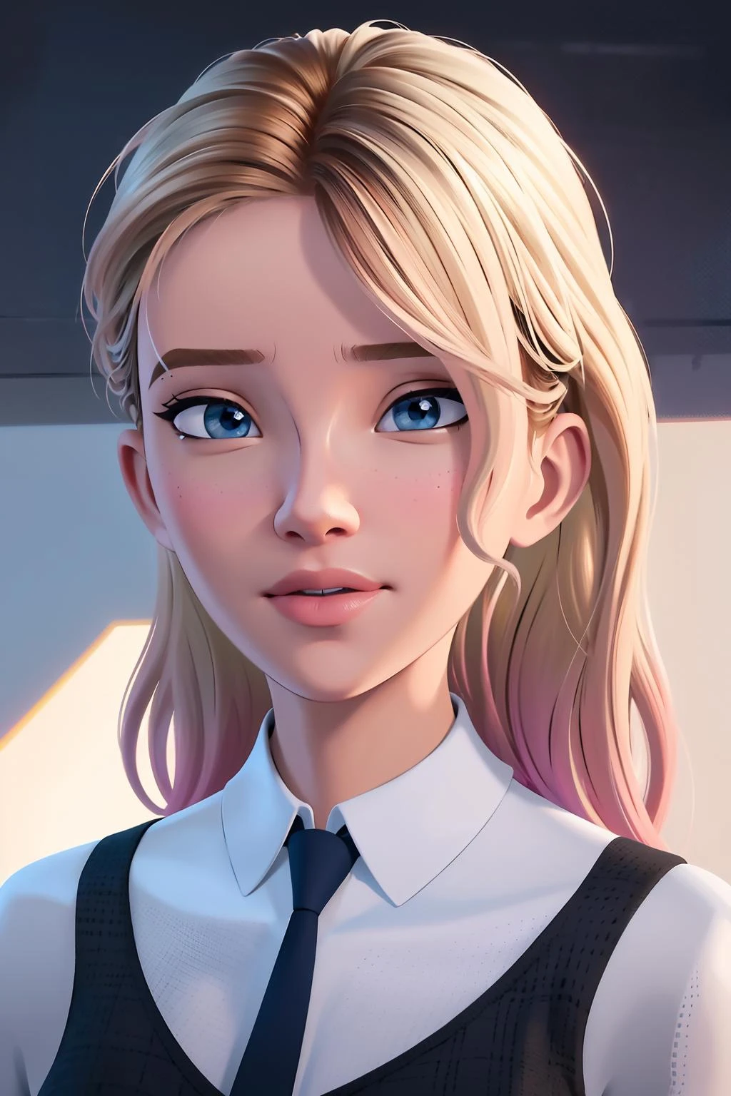 realistic, realism, photorealism, photo-realistic, high contrast, (photorealistic:1.4), (perfect female figure), 8k high definition detailed realistic, (best quality, masterpiece:1.2), photon mapping, radiosity, physically-based rendering, best quality, highly detailed, 1girl, sgwen, indoor, school, school uniforms,