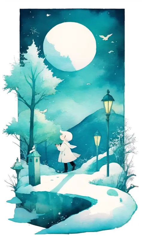 whitetown, moon, tree, snow, night, full moon, scenery, painting (medium), sky, outdoors, watercolor (medium), traditional media, flower, lamppost<lora:whitetown-block:1>