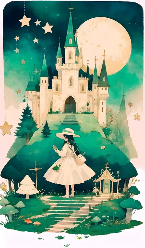 whitetown, 1girl, dress, hat, star (symbol), tree, solo, mushroom, castle, moon, white dress<lora:whitetown-block:1>